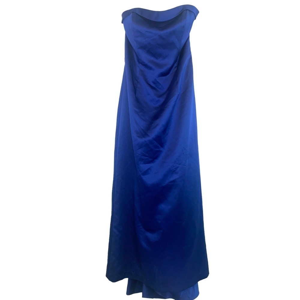 David's Bridal Strapless A line Royal Blue Cascading Train Maxi Dress - Picture 3 of 12
